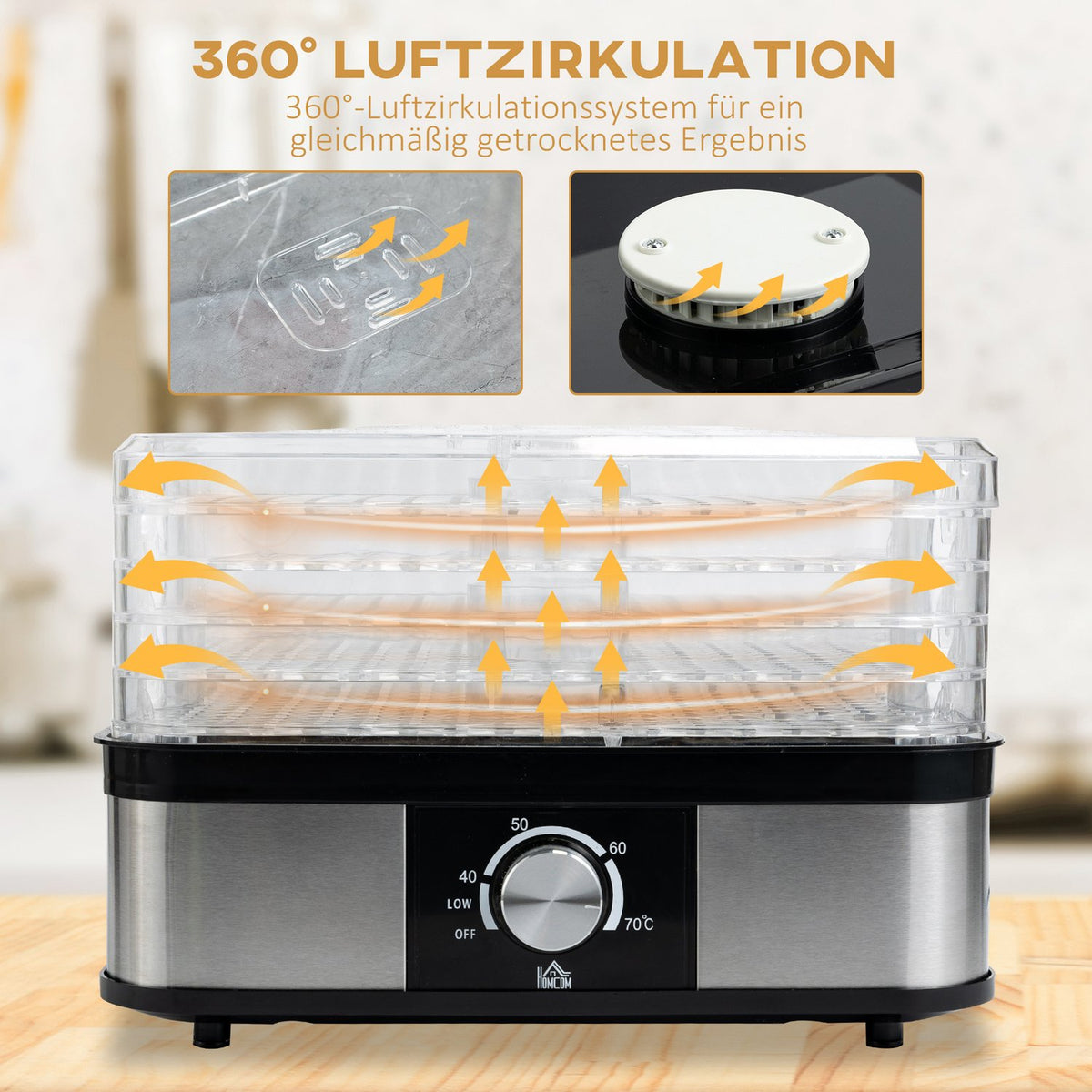 Dehydrator With Temperature Controller (35-70°C) 5 Levels 12 Hour Timer For Meat Fruit Stainless Steel Silver + Transparent 32 X 25 X 29Cm
