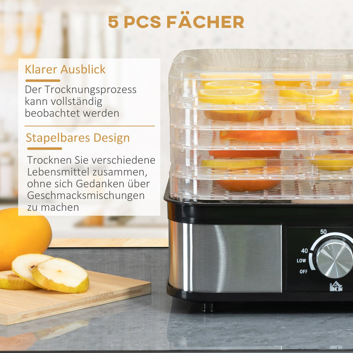 Dehydrator With Temperature Controller (35-70°C) 5 Levels 12 Hour Timer For Meat Fruit Stainless Steel Silver + Transparent 32 X 25 X 29Cm