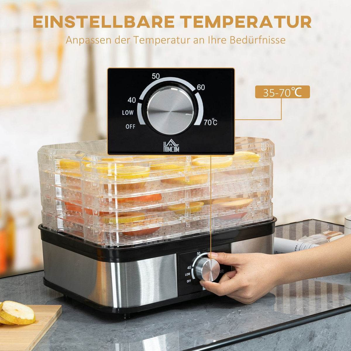 Dehydrator With Temperature Controller (35-70°C) 5 Levels 12 Hour Timer For Meat Fruit Stainless Steel Silver + Transparent 32 X 25 X 29Cm