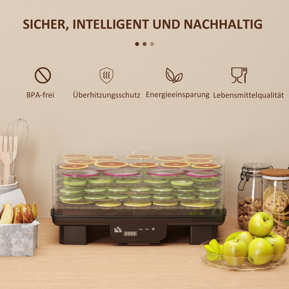 Dehydrator dehydrator with 6 height-adjustable insert compartments, 550 W, 40-70°C, 48 hour timer, dehydrator for meat, fruit, vegetables, flowers, black