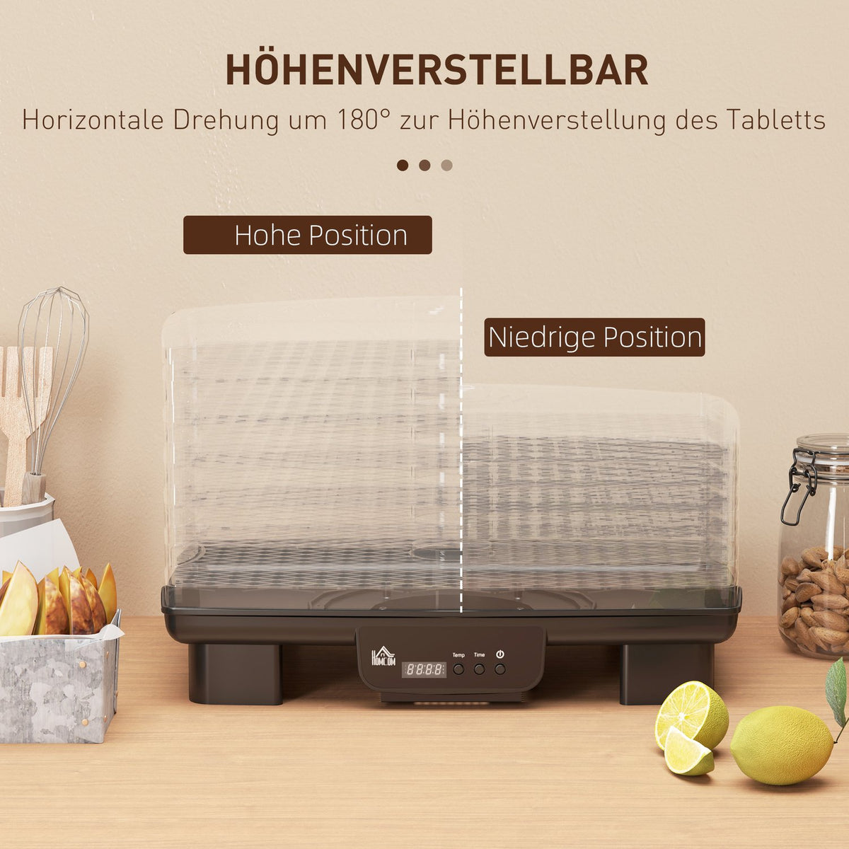 Dehydrator dehydrator with 6 height-adjustable insert compartments, 550 W, 40-70°C, 48 hour timer, dehydrator for meat, fruit, vegetables, flowers, black