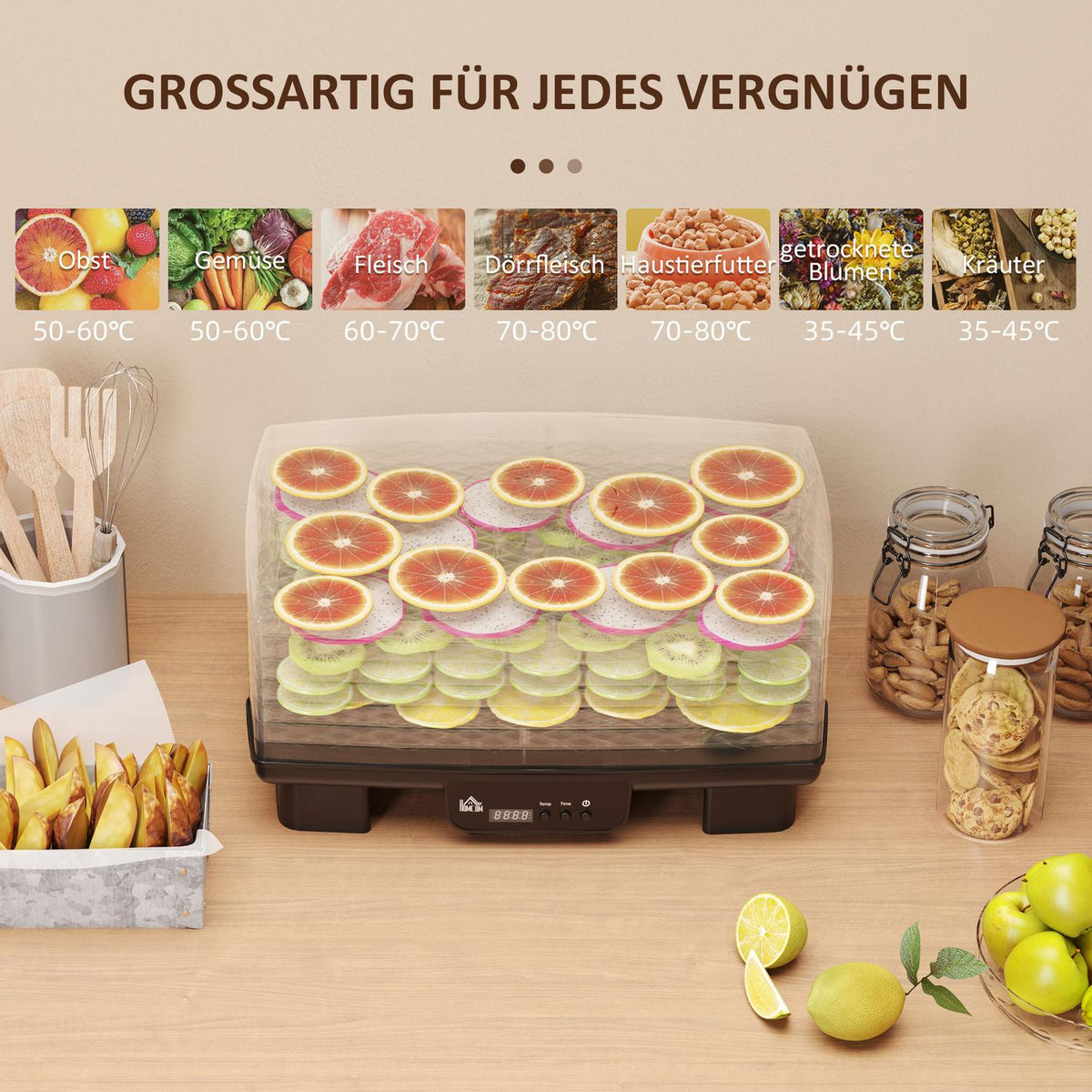 Dehydrator dehydrator with 6 height-adjustable insert compartments, 550 W, 40-70°C, 48 hour timer, dehydrator for meat, fruit, vegetables, flowers, black