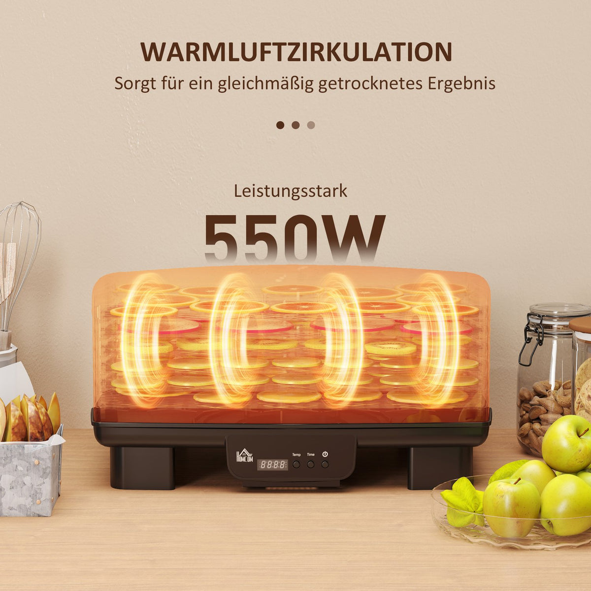 Dehydrator dehydrator with 6 height-adjustable insert compartments, 550 W, 40-70°C, 48 hour timer, dehydrator for meat, fruit, vegetables, flowers, black