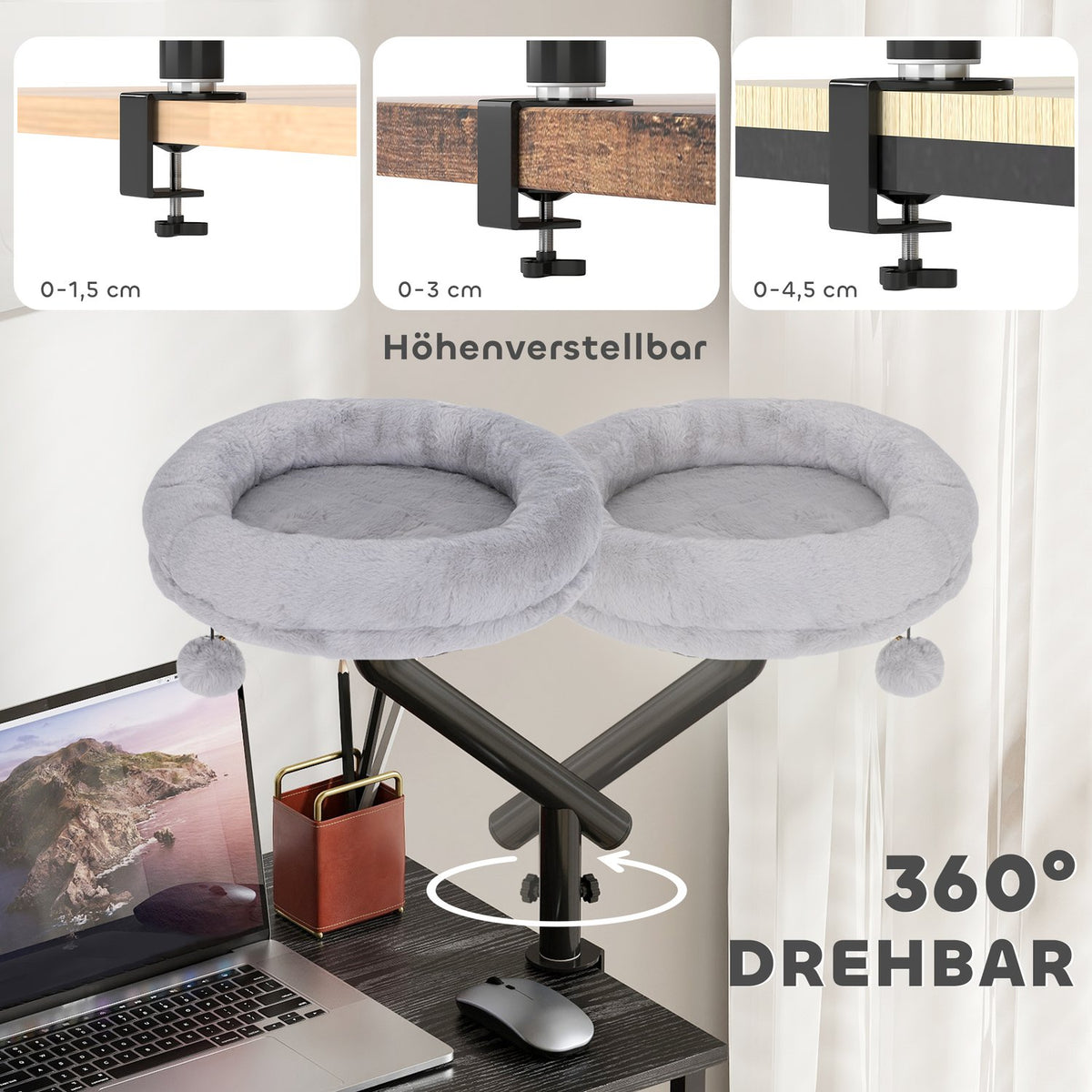 Desk Cat Bed with 360 Rotation, Adjustable Height, Grey