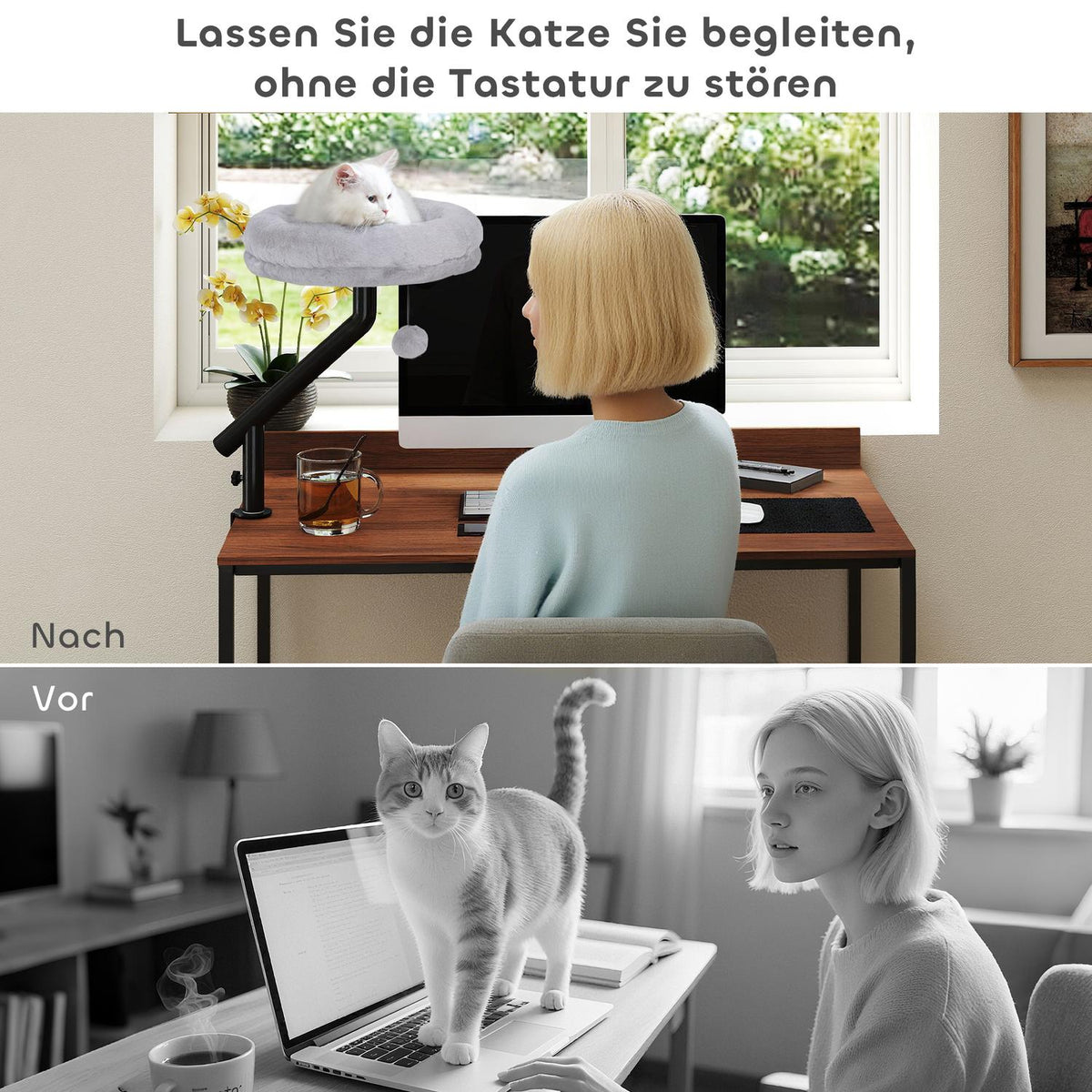 Desk Cat Bed with 360 Rotation, Adjustable Height, Grey
