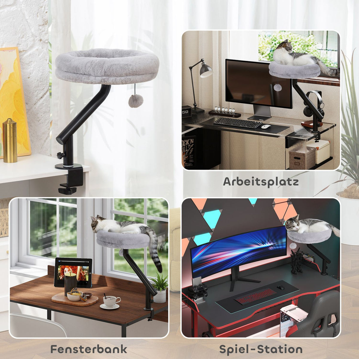 Desk Cat Bed with 360 Rotation, Adjustable Height, Grey