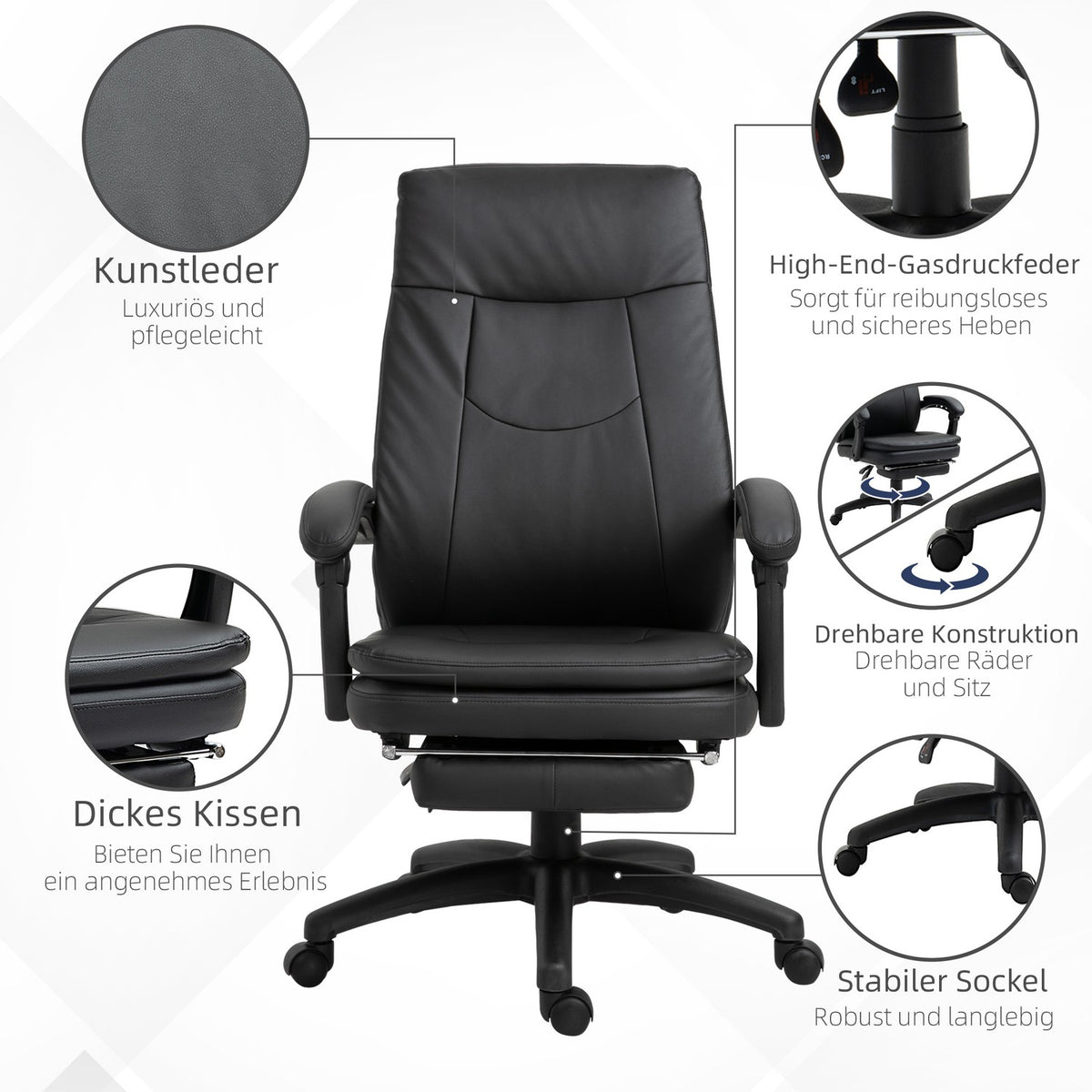 Desk Chair Ergonomic Office Chair, Executive Chair With Footrest, Padded Backrest, Black, 64X64X112-120Cm