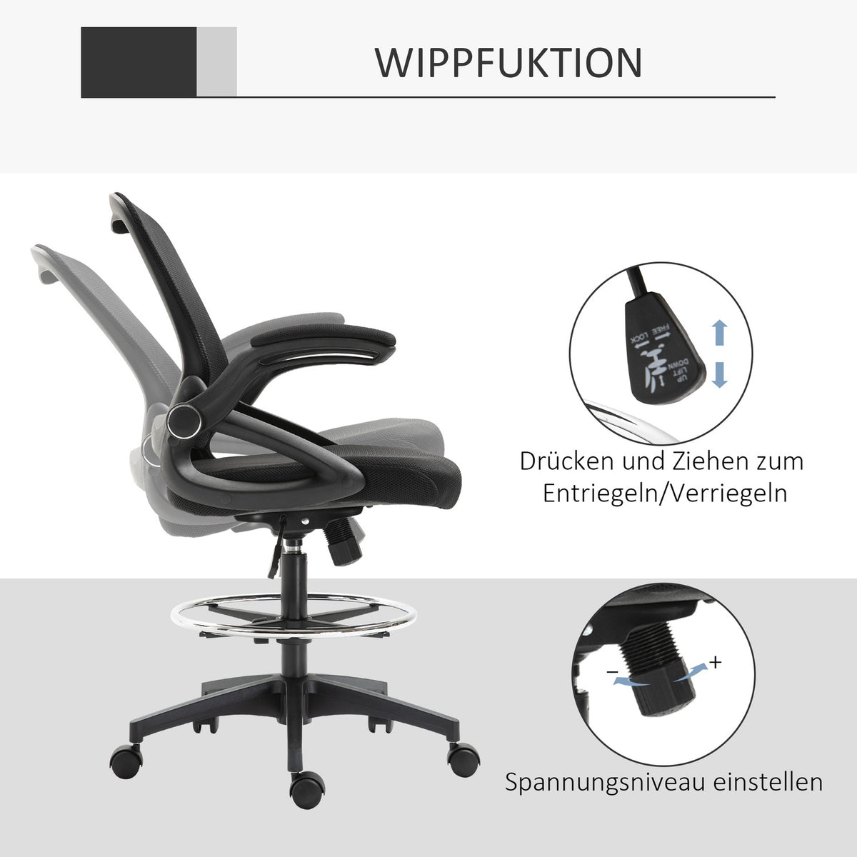 Desk Chair Ergonomic Office Chair Swivel Chair 360° With Adjustable Foot Ring Load Capacity Up To 120 Kg Mesh Black 106-126 Cm