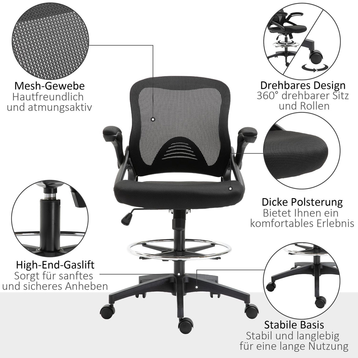 Desk Chair Ergonomic Office Chair Swivel Chair 360° With Adjustable Foot Ring Load Capacity Up To 120 Kg Mesh Black 106-126 Cm