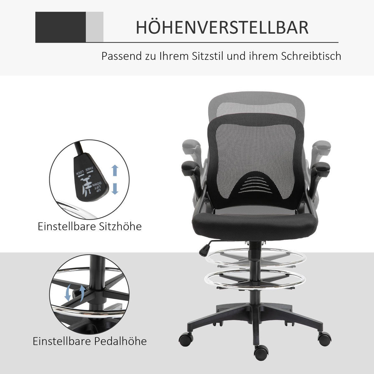 Desk Chair Ergonomic Office Chair Swivel Chair 360° With Adjustable Foot Ring Load Capacity Up To 120 Kg Mesh Black 106-126 Cm