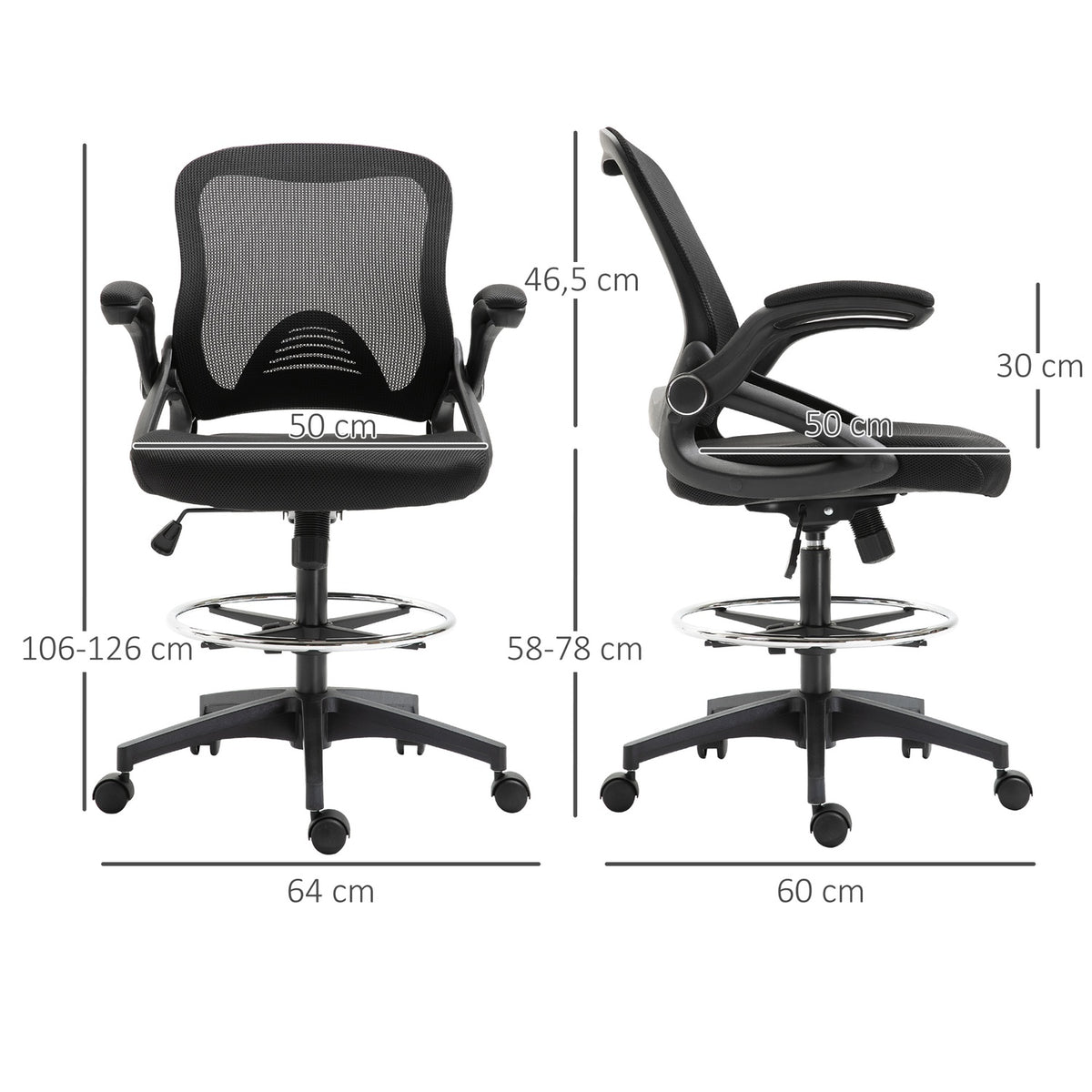 Desk Chair Ergonomic Office Chair Swivel Chair 360° With Adjustable Foot Ring Load Capacity Up To 120 Kg Mesh Black 106-126 Cm