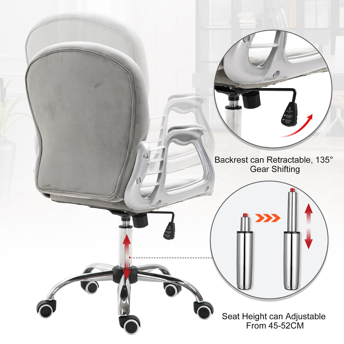 Desk Chair Ergonomic Office Chair With Padded Backrest, Gray, 59.5X60.5X95-105 Cm