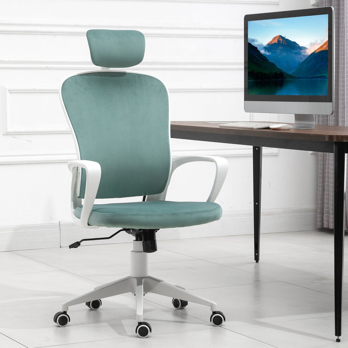 Desk Chair Ergonomic Office Chair With Rocker Function, Armrest, Headrest, Height Adjustable, 63X64X118-128Cm