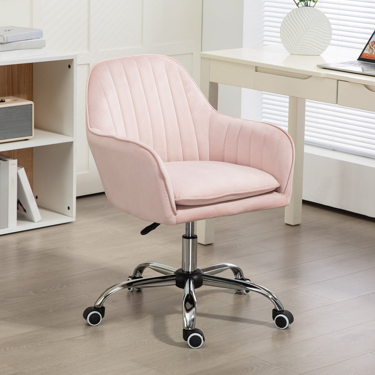 Desk Chair Height-Adjustable Office Chair Swivel Home Office Chair with Back and Armrest Velvet Look Dressing Table Chair for Study Room Pink