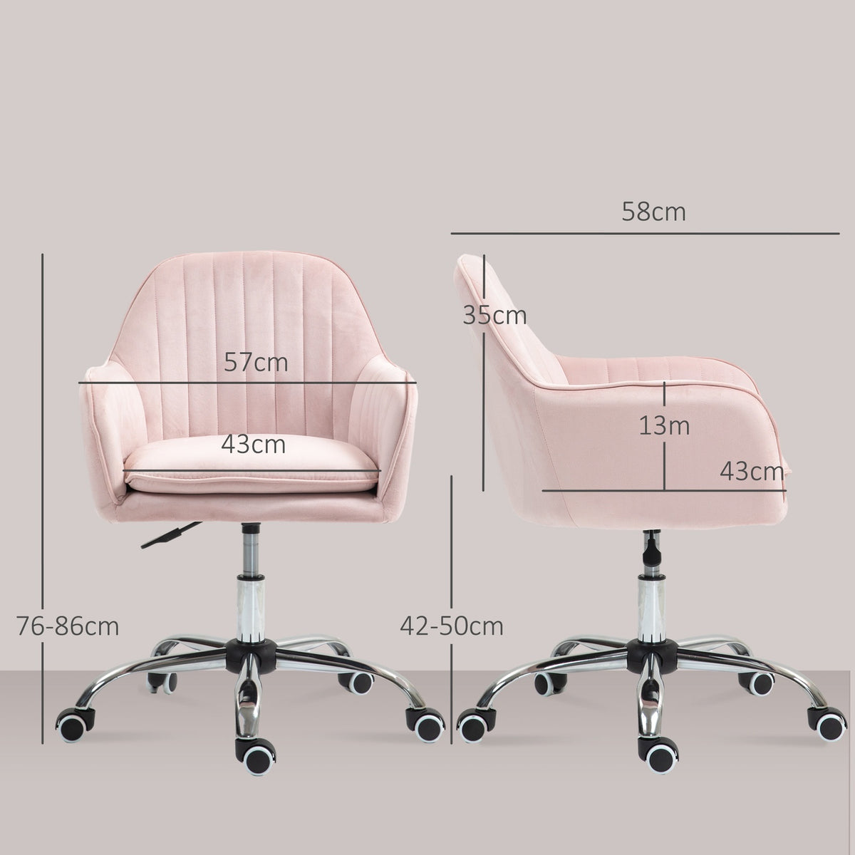 Desk Chair Height-Adjustable Office Chair Swivel Home Office Chair with Back and Armrest Velvet Look Dressing Table Chair for Study Room Pink