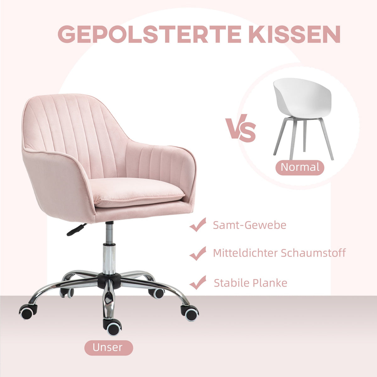Desk Chair Height-Adjustable Office Chair Swivel Home Office Chair with Back and Armrest Velvet Look Dressing Table Chair for Study Room Pink