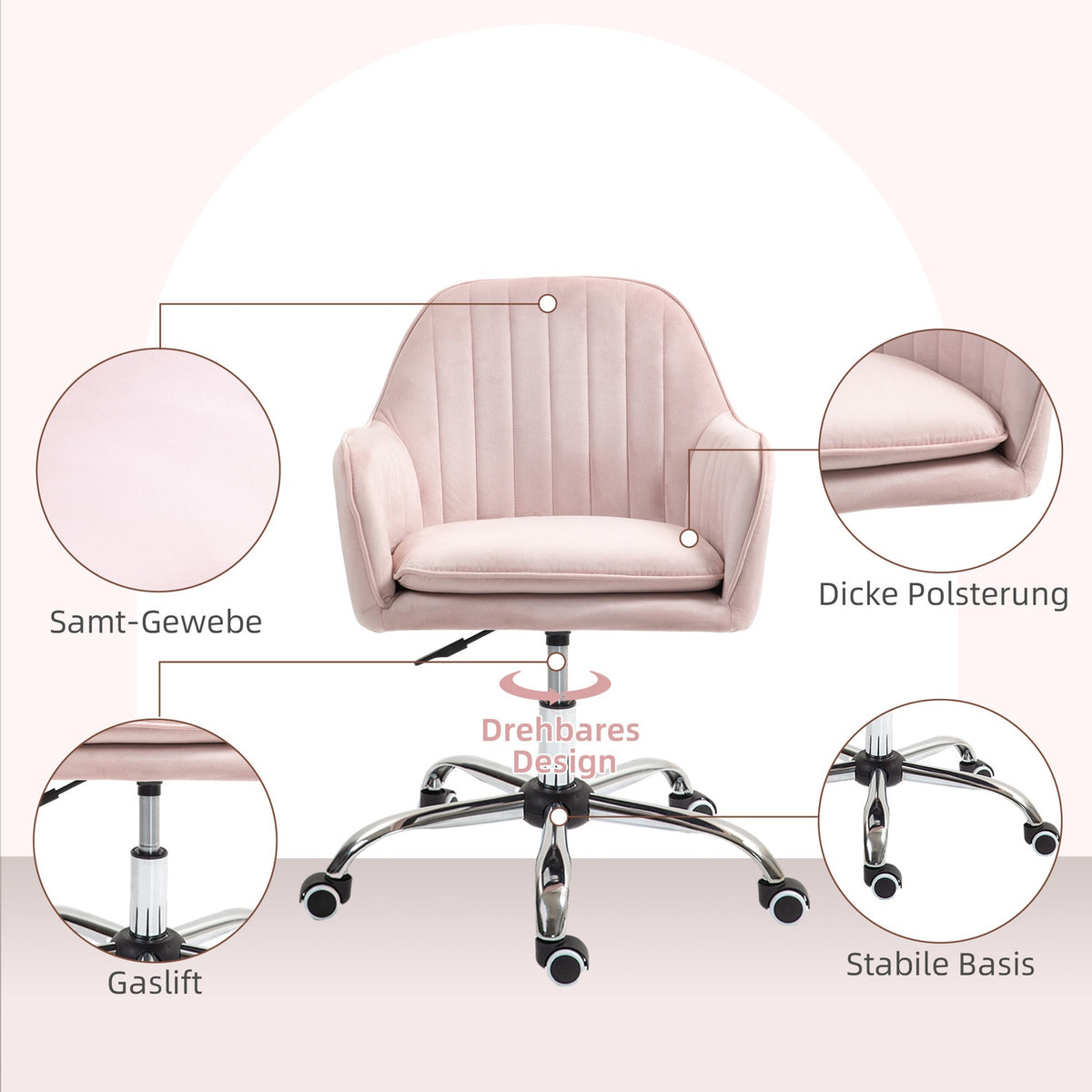 Desk Chair Height-Adjustable Office Chair Swivel Home Office Chair with Back and Armrest Velvet Look Dressing Table Chair for Study Room Pink