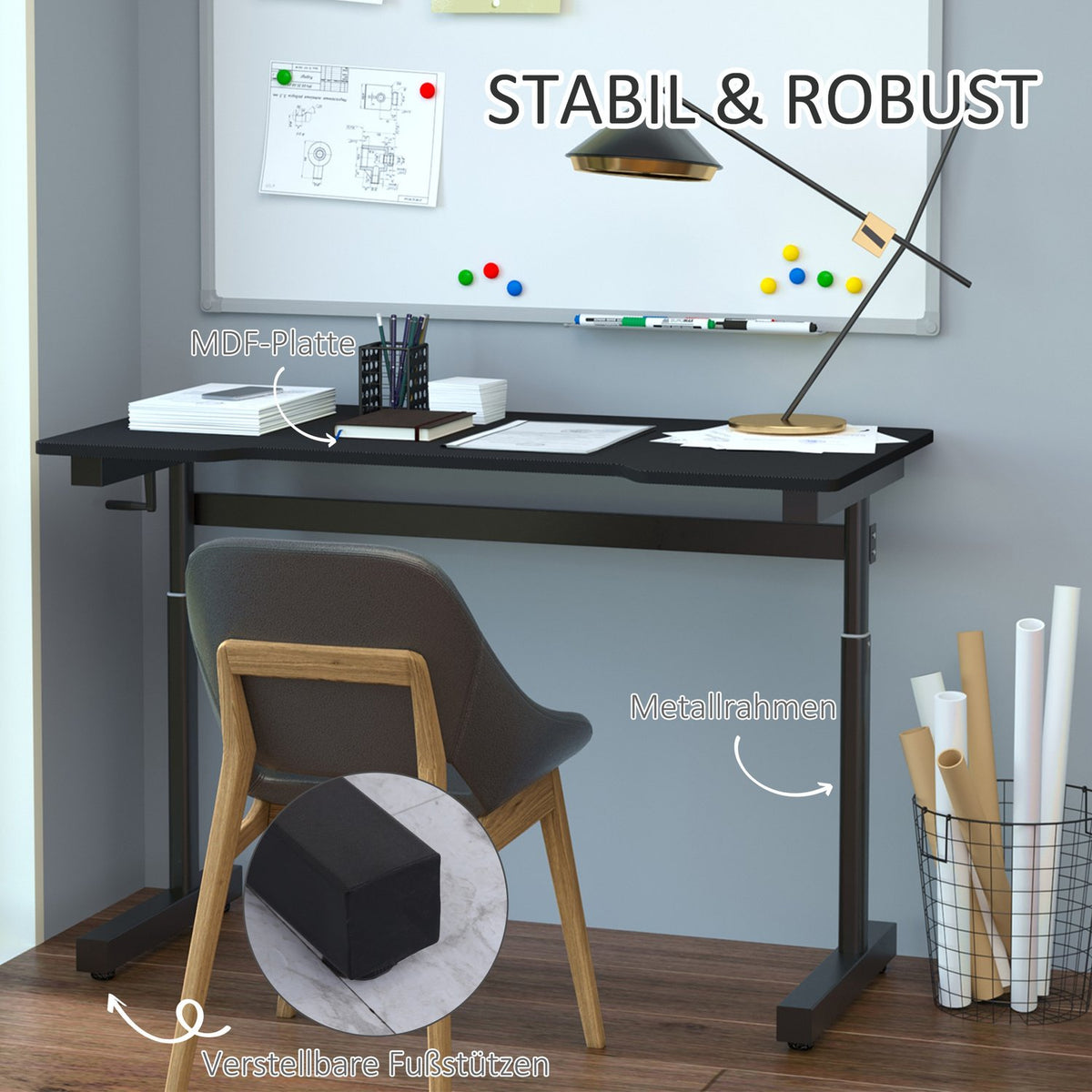 Desk Computer Desk Height Adjustable Hand Crank Lift Standing Desk Adjustable Footrests Mdf Metal Black 120 X 60 X 72-117 Cm