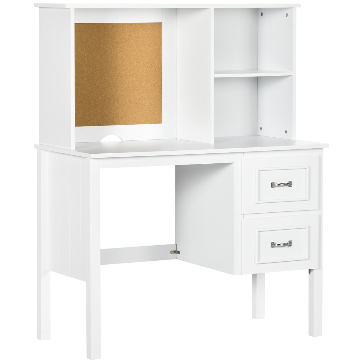 Desk, Computer Desk With Drawers, Open Compartments, Office Table With Cork Board, Pc Table, Work Table, White
