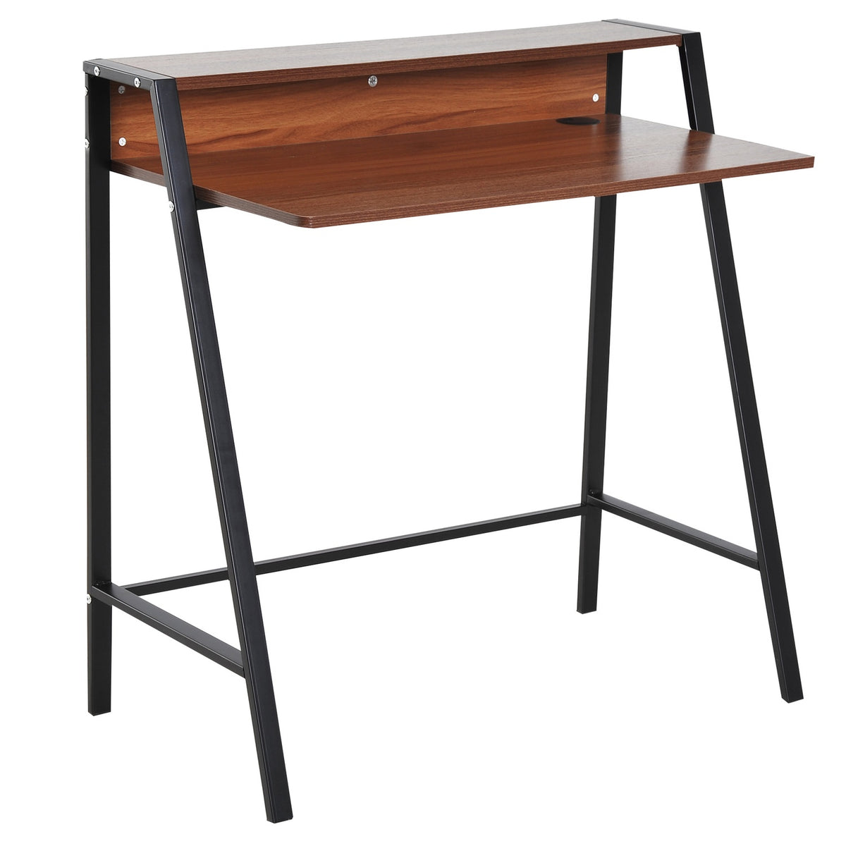 Desk Computer Table With Storage Compartment & Cable Passage, Metal Walnut, 84X45X85Cm, Ideal For Home Office