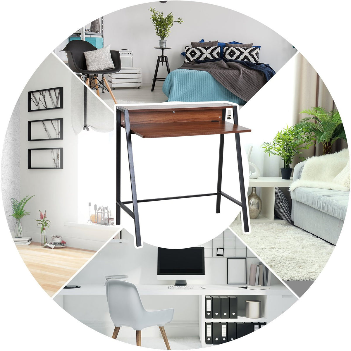 Desk Computer Table With Storage Compartment & Cable Passage, Metal Walnut, 84X45X85Cm, Ideal For Home Office