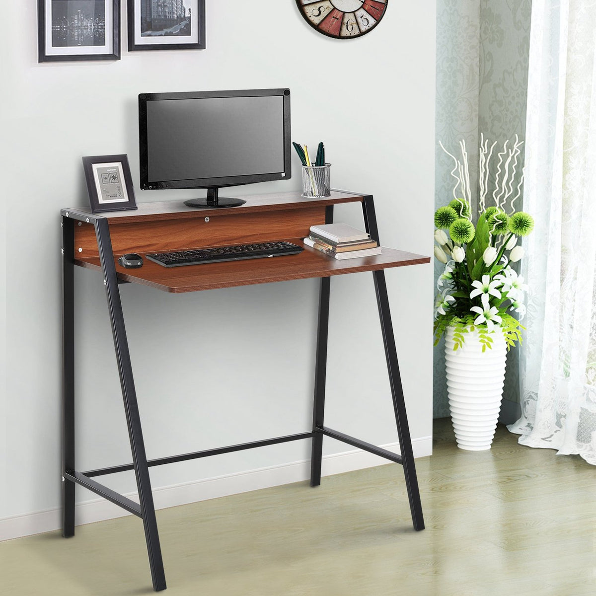 Desk Computer Table With Storage Compartment & Cable Passage, Metal Walnut, 84X45X85Cm, Ideal For Home Office
