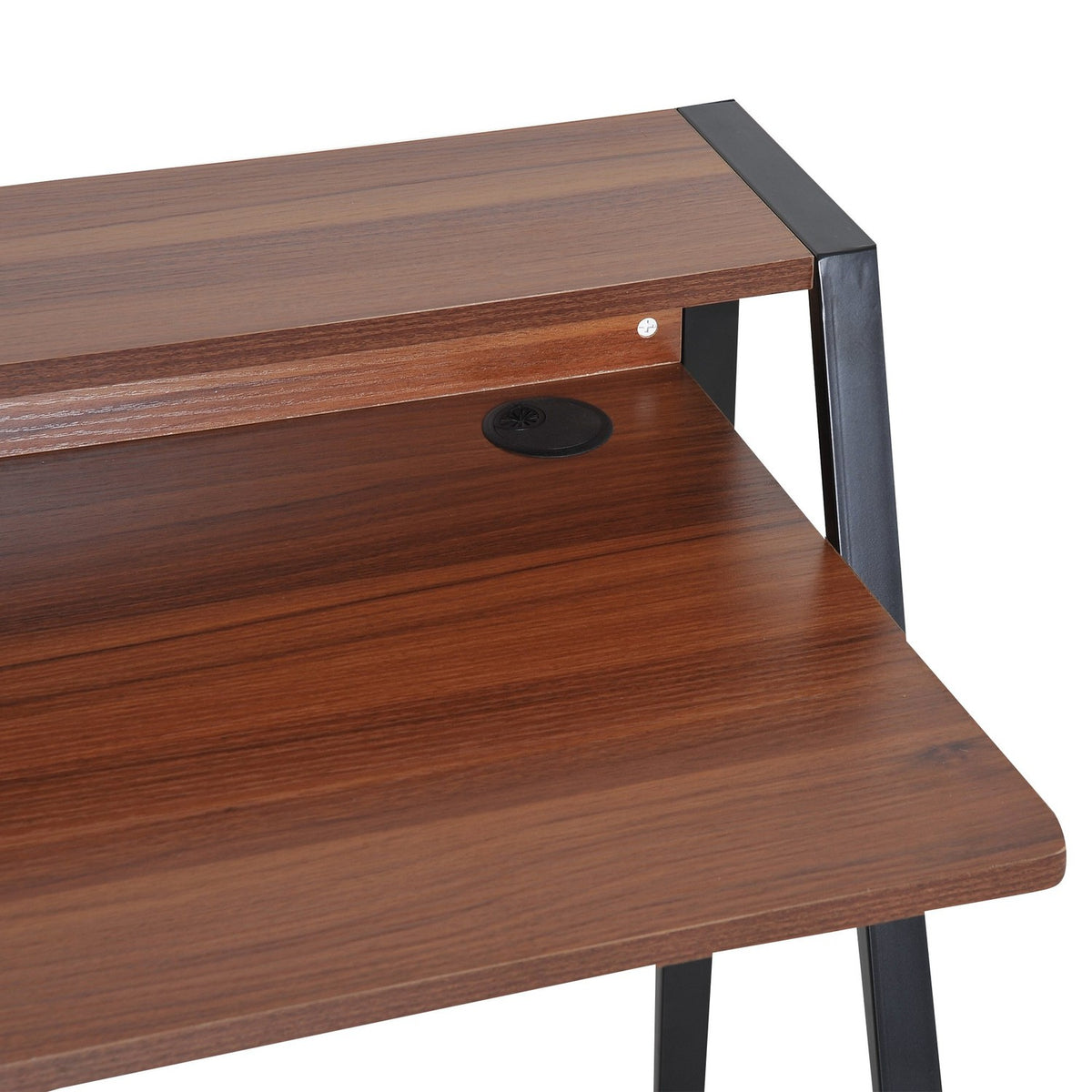Desk Computer Table With Storage Compartment & Cable Passage, Metal Walnut, 84X45X85Cm, Ideal For Home Office