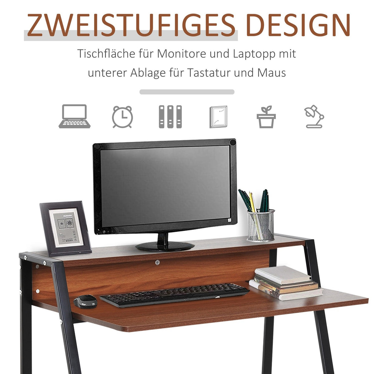 Desk Computer Table With Storage Compartment & Cable Passage, Metal Walnut, 84X45X85Cm, Ideal For Home Office