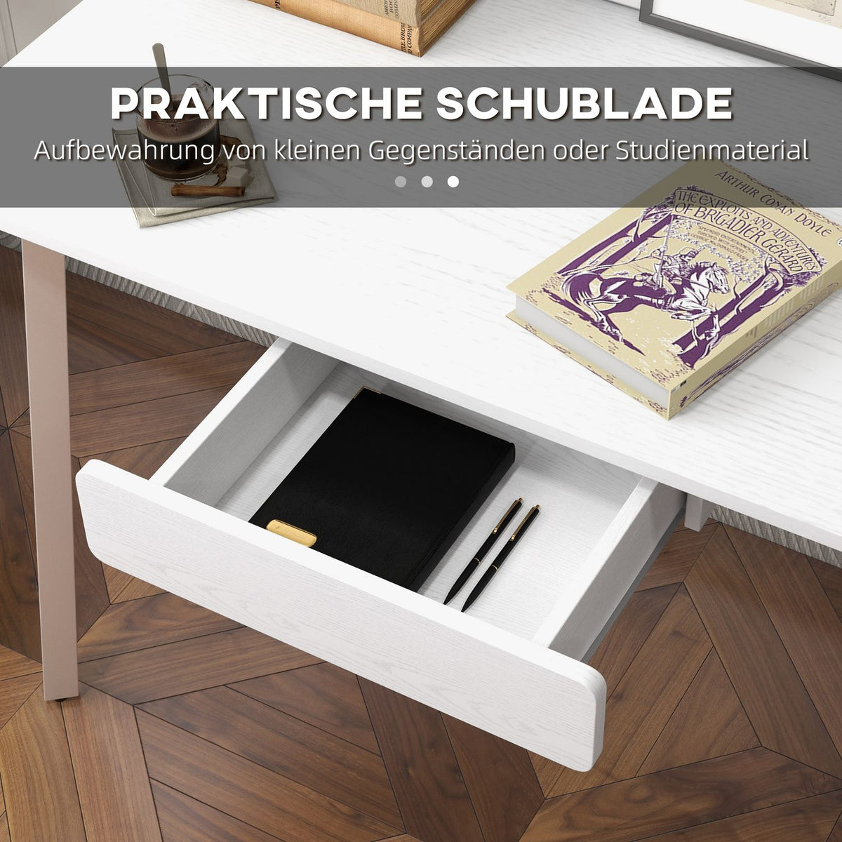 Desk Elegant Office Table With Drawers, Mdf + Steel, White, 120X60X76Cm