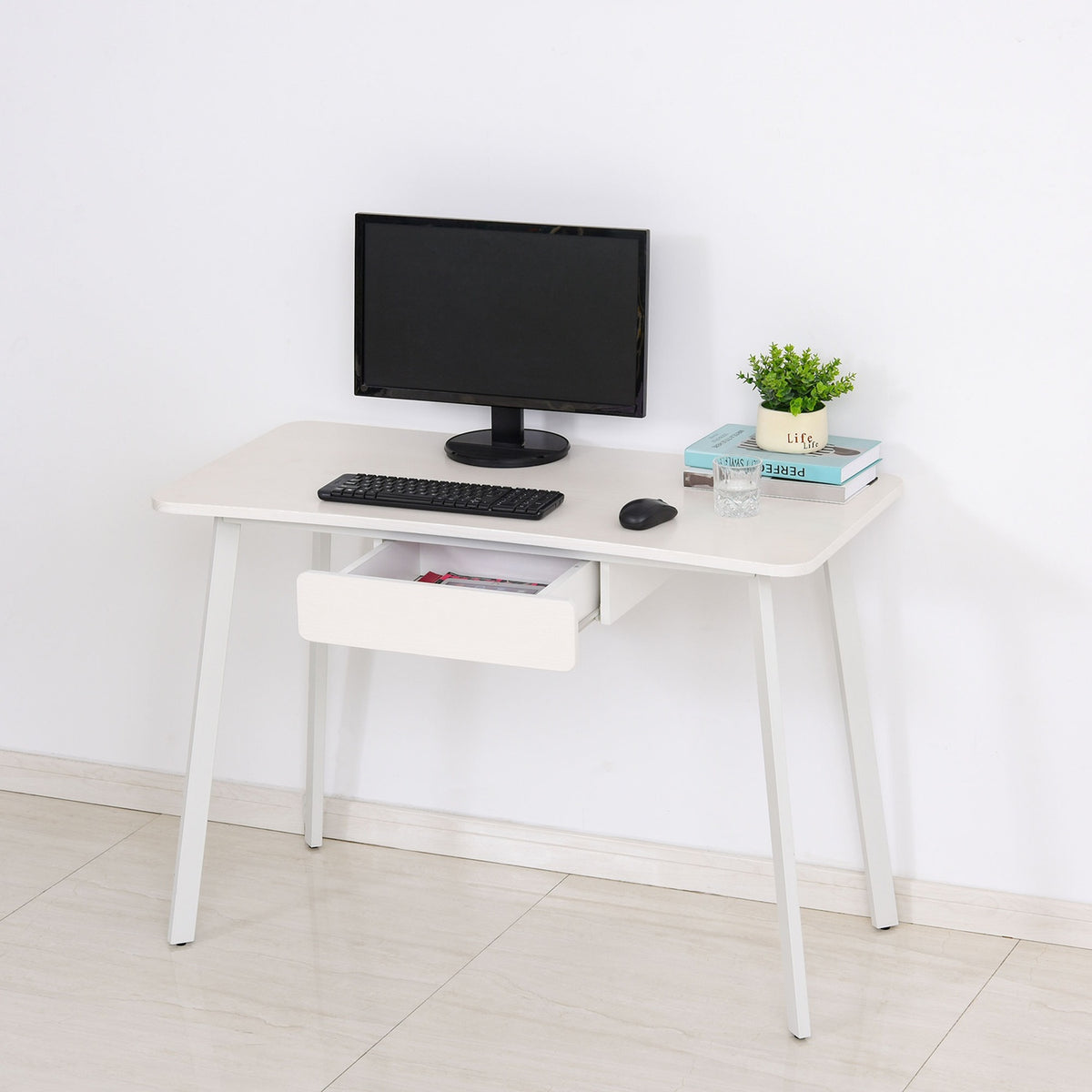 Desk Elegant Office Table With Drawers, Mdf + Steel, White, 120X60X76Cm
