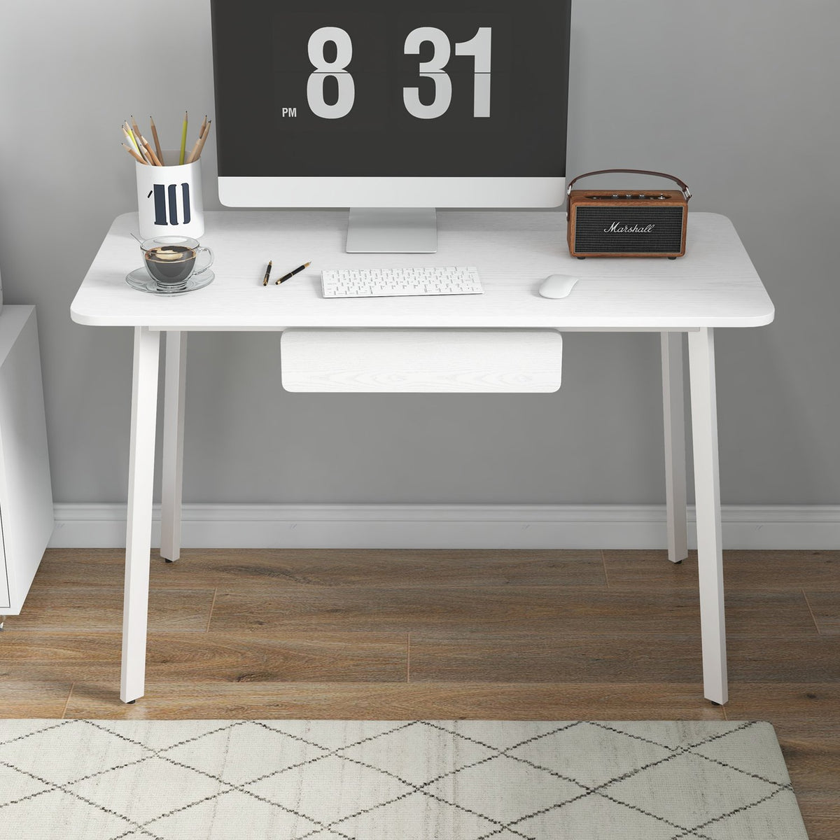 Desk Elegant Office Table With Drawers, Mdf + Steel, White, 120X60X76Cm