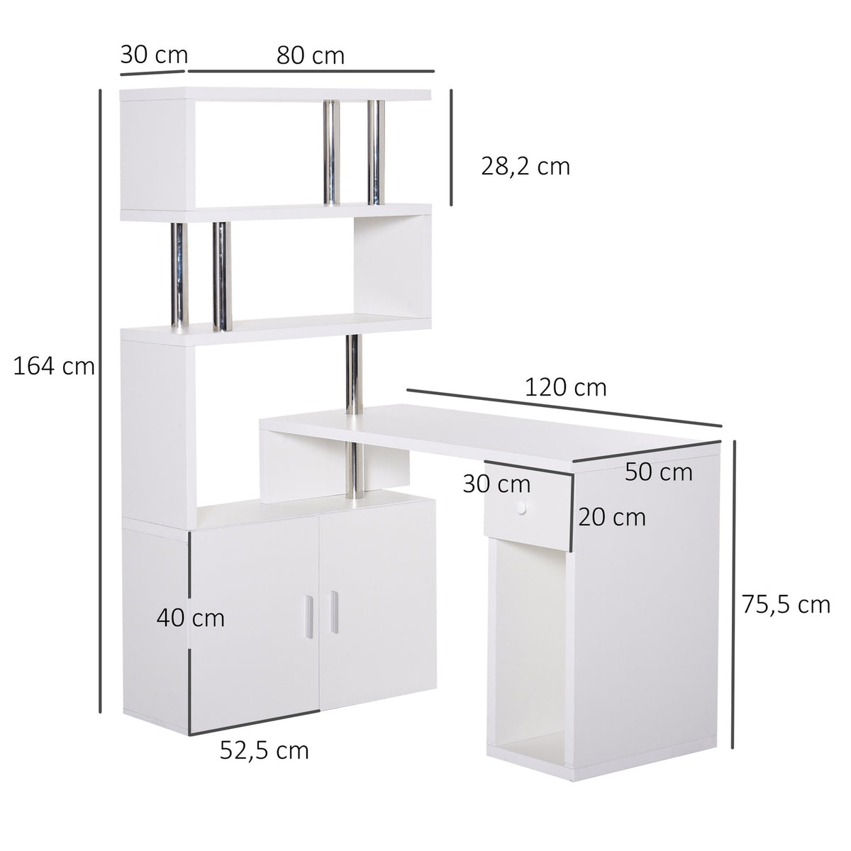 Desk In L-Shape/I-Shape Corner Desk Computer Desk Combination Table With Bookshelf And Drawer Stainless Steel White 120X80X164 Cm