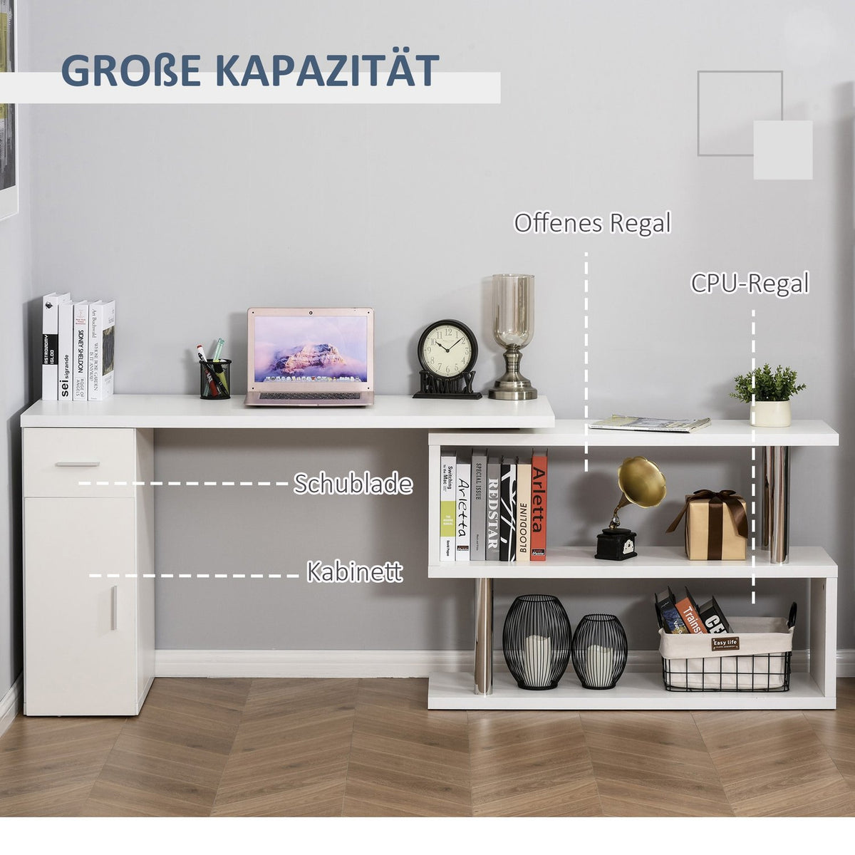 Desk In L-Shape/I-Shape Corner Desk Computer Desk Combination Table With Bookshelf And Drawer Stainless Steel White 120X80X164 Cm