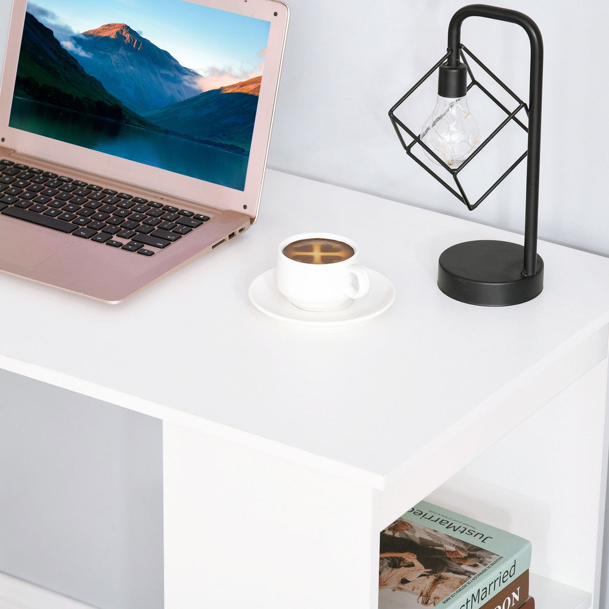 Desk Kitchen Table With Shelf, Computer Table, Work Table, Laptop Table, Office Shelf, White, 120X55X120Cm