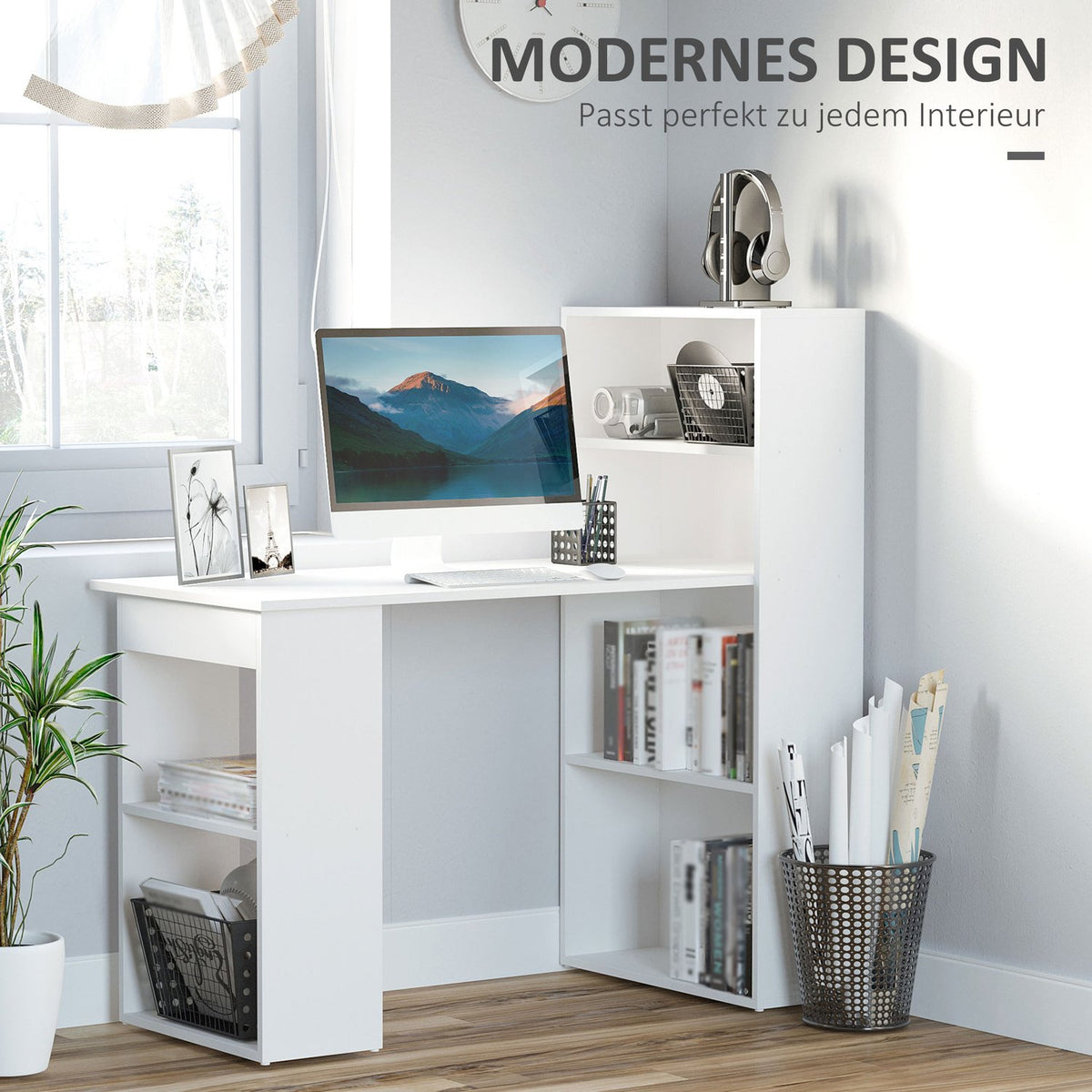 Desk Kitchen Table With Shelf, Computer Table, Work Table, Laptop Table, Office Shelf, White, 120X55X120Cm