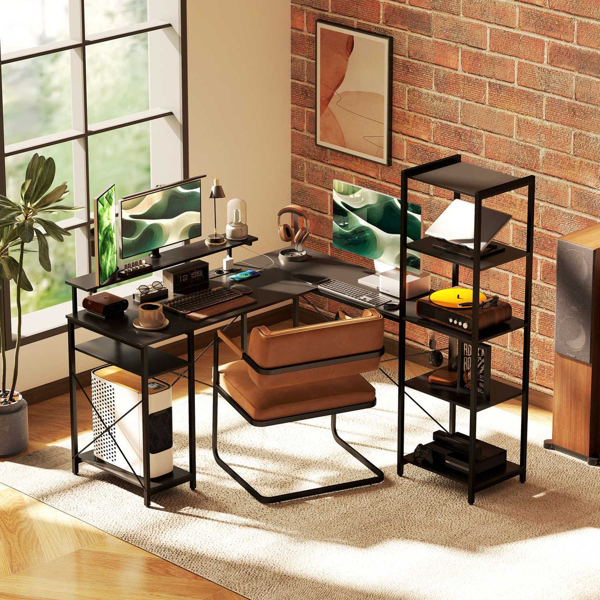 Desk, L-Shaped Computer Desk 137 x 140 x 139.5 cm Corner Desk with 6 Shelves, Office Table with Monitor Stand, USB, Socket, for Home Office, Office, Black