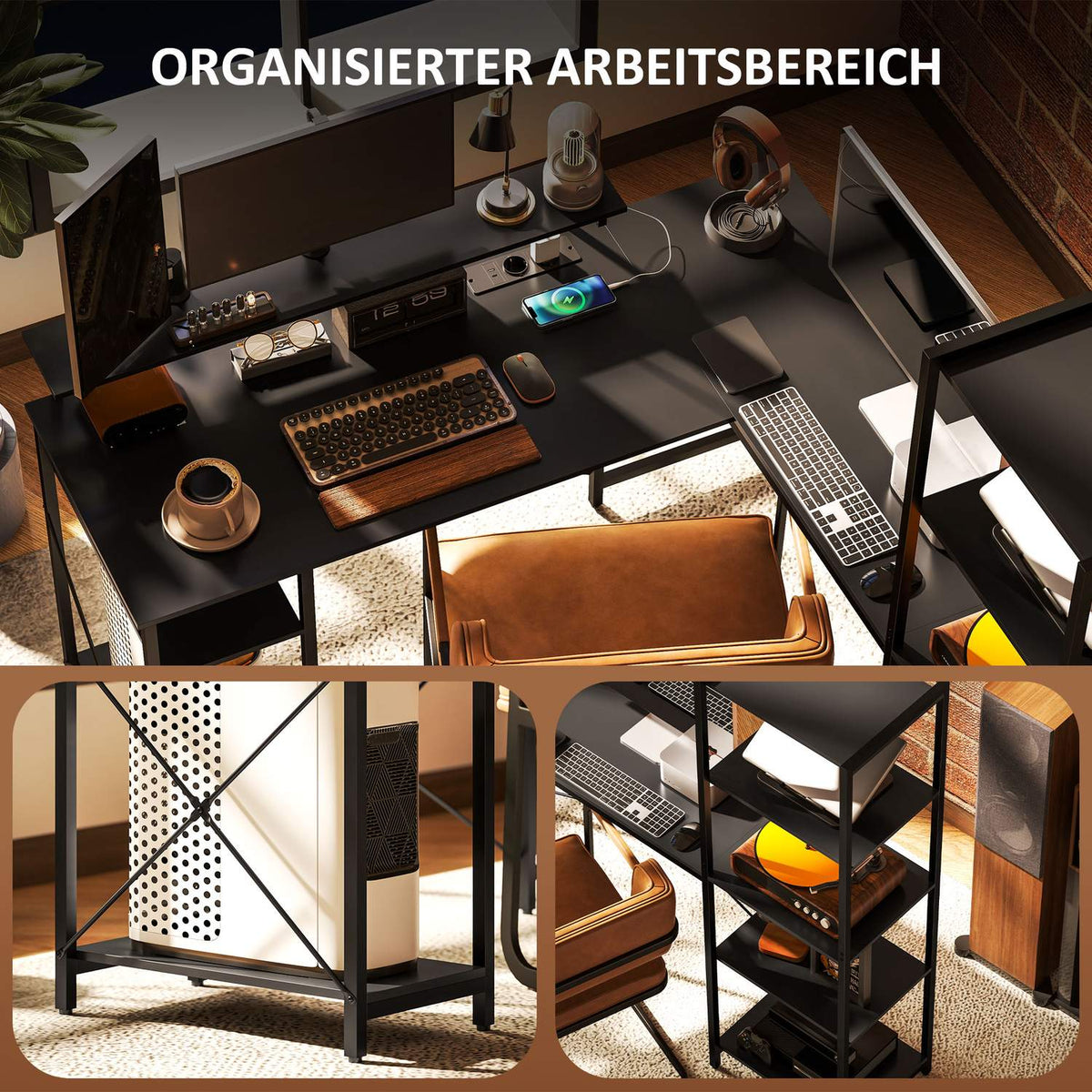 Desk, L-Shaped Computer Desk 137 x 140 x 139.5 cm Corner Desk with 6 Shelves, Office Table with Monitor Stand, USB, Socket, for Home Office, Office, Black