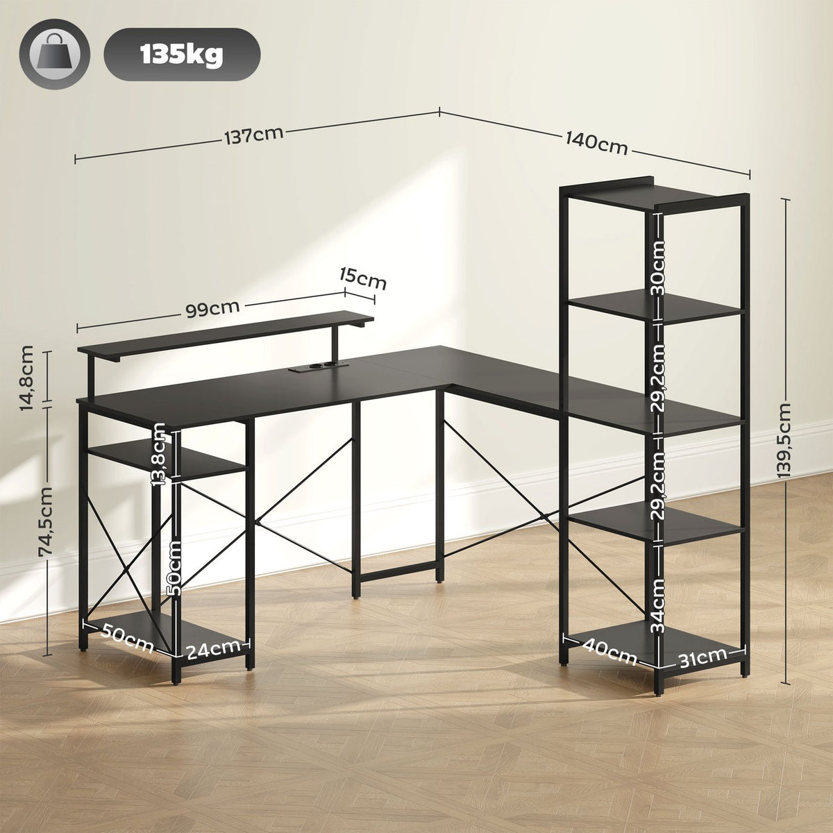 Desk, L-Shaped Computer Desk 137 x 140 x 139.5 cm Corner Desk with 6 Shelves, Office Table with Monitor Stand, USB, Socket, for Home Office, Office, Black