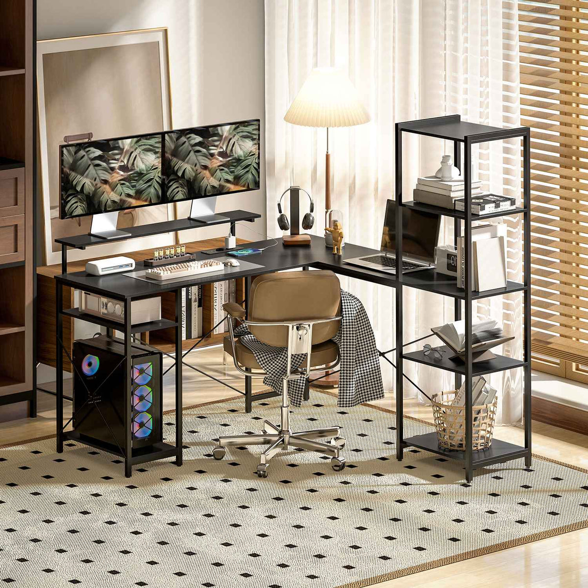 Desk, L-Shaped Computer Desk 137 x 140 x 139.5 cm Corner Desk with 6 Shelves, Office Table with Monitor Stand, USB, Socket, for Home Office, Office, Black