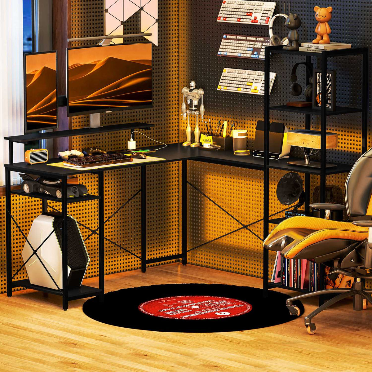 Desk, L-Shaped Computer Desk 137 x 140 x 139.5 cm Corner Desk with 6 Shelves, Office Table with Monitor Stand, USB, Socket, for Home Office, Office, Black