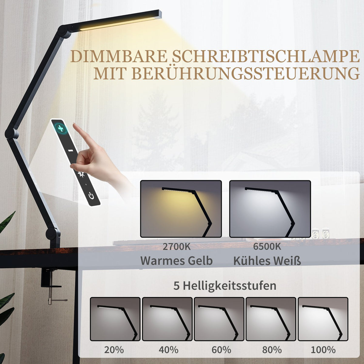 Desk Lamp, Adjustable Brightness & Color, Metal Clamp