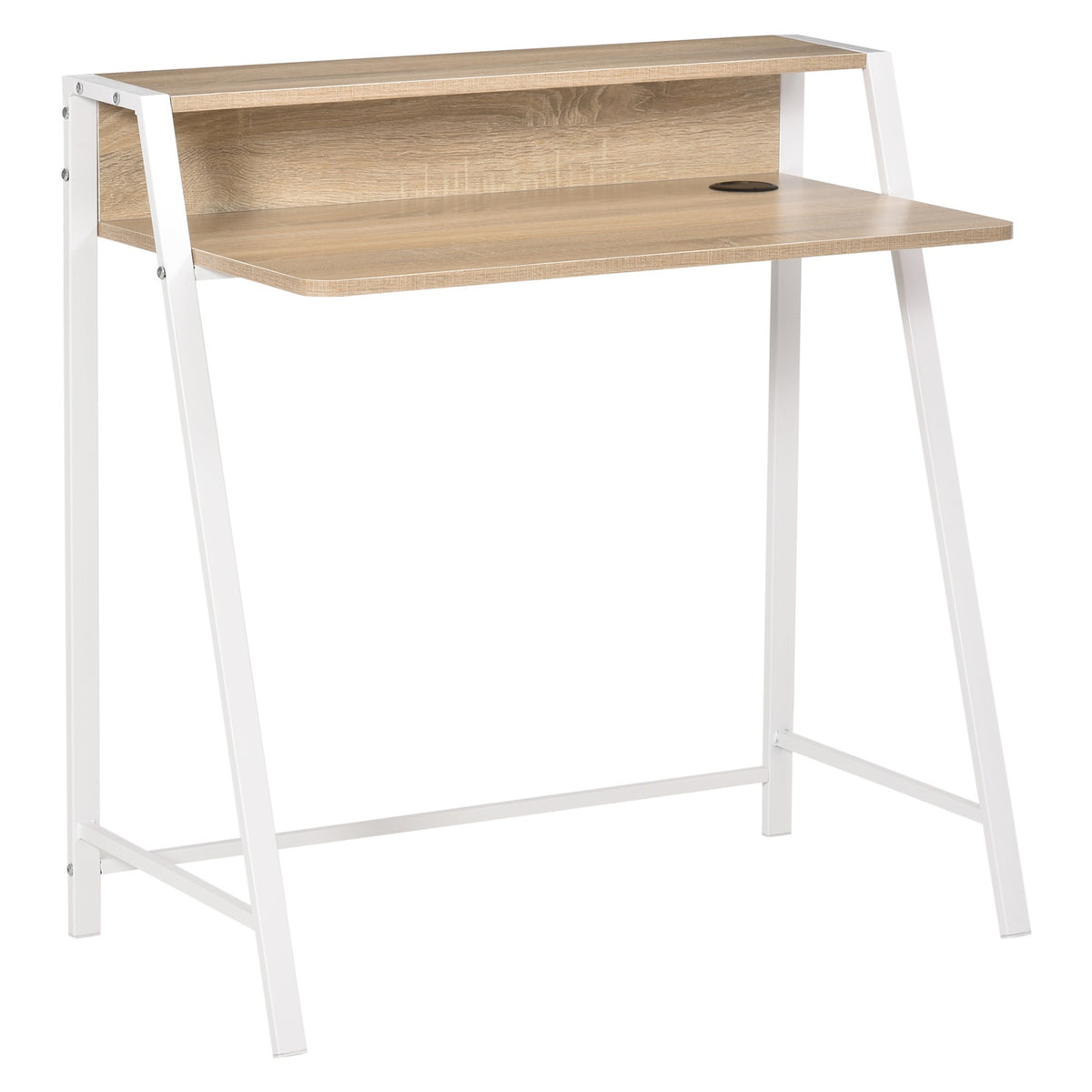Desk Modern computer table with storage compartment & cable passage, metal frame, white + oak, 84x45x85cm
