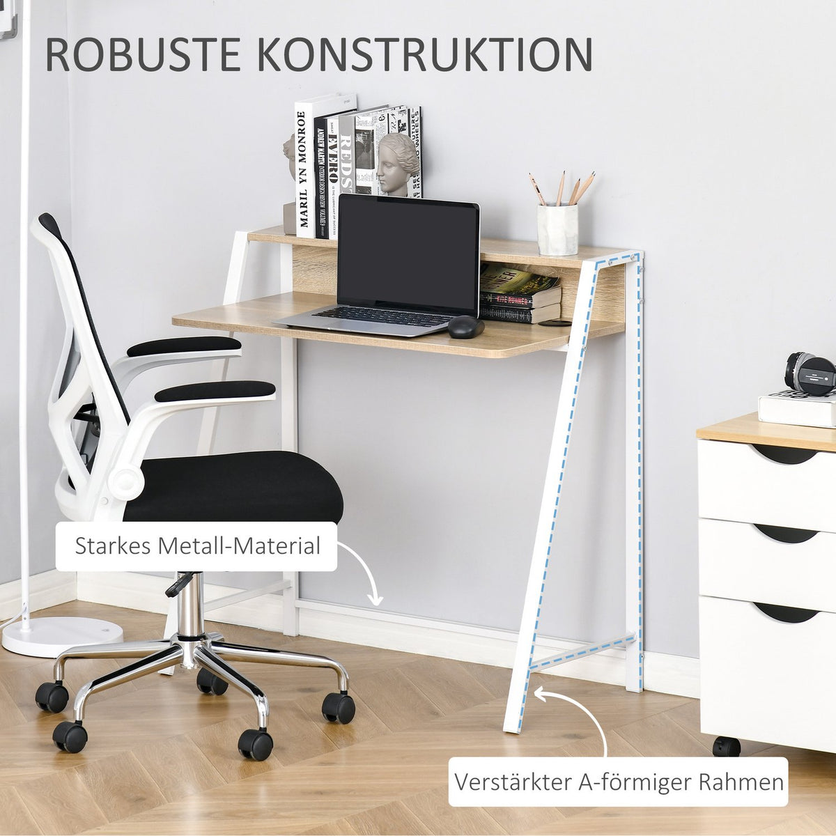 Desk Modern computer table with storage compartment & cable passage, metal frame, white + oak, 84x45x85cm