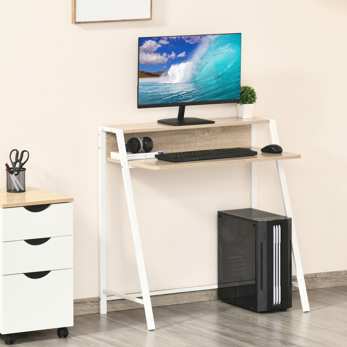 Desk Modern computer table with storage compartment & cable passage, metal frame, white + oak, 84x45x85cm