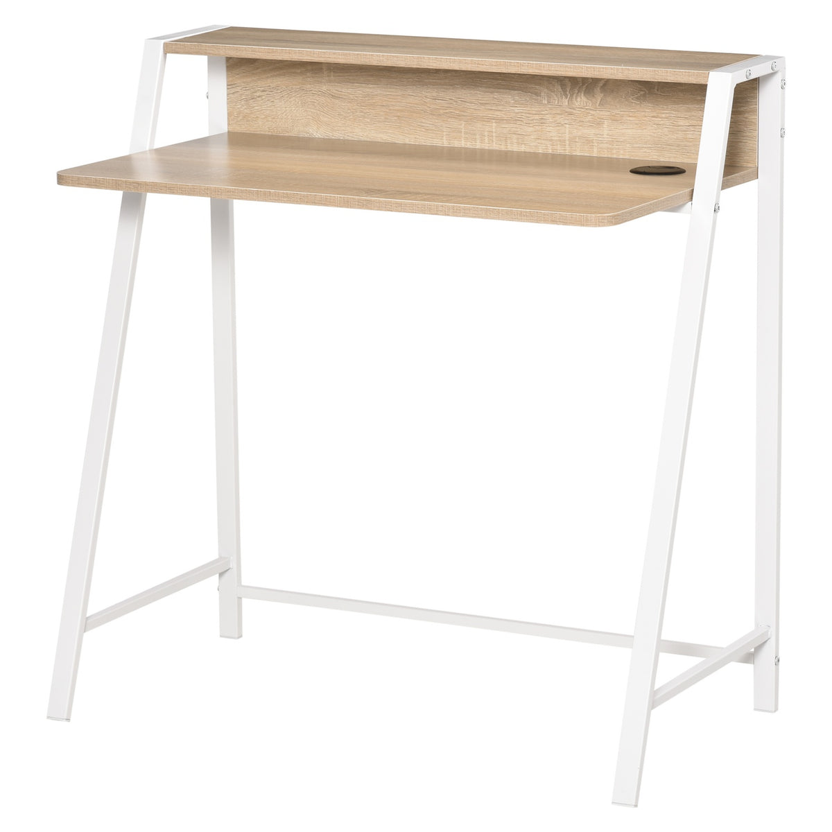 Desk Modern computer table with storage compartment & cable passage, metal frame, white + oak, 84x45x85cm