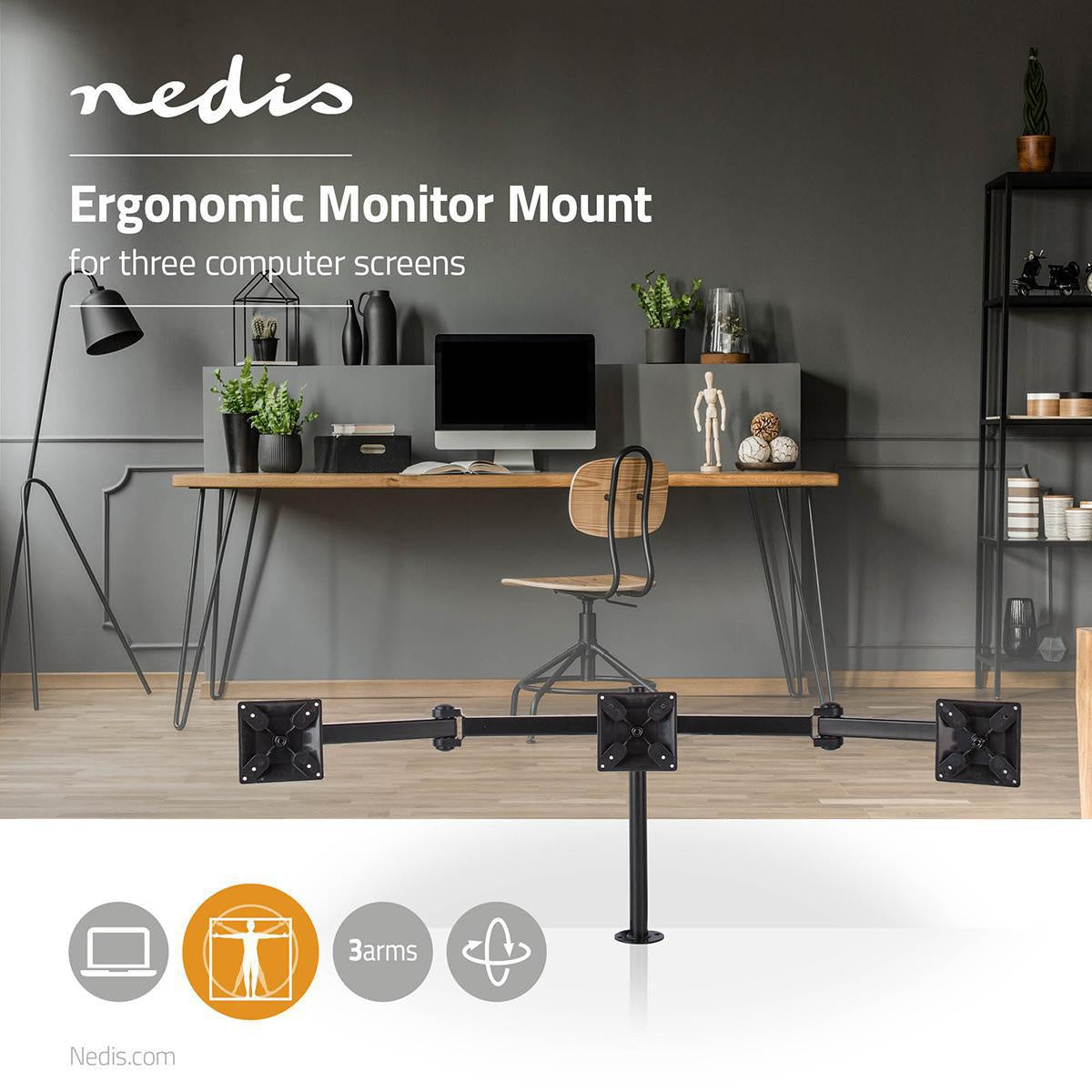 Desk Monitor Mount | 3 Screens | 14 - 24 " | 75x75 / 100x100 | Full Motion