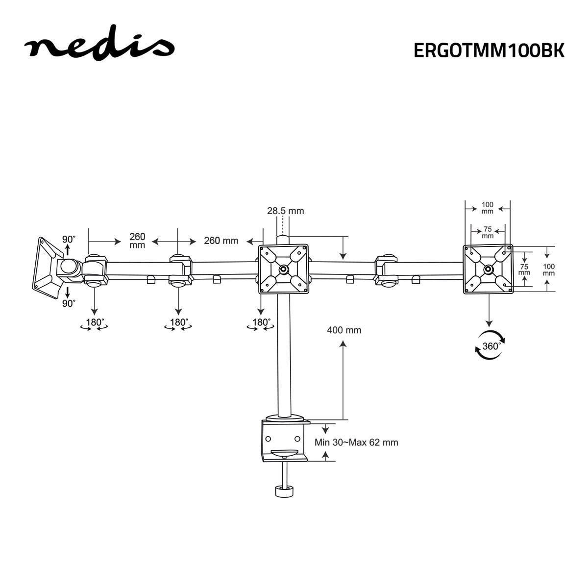 Desk Monitor Mount | 3 Screens | 14 - 24 " | 75x75 / 100x100 | Full Motion