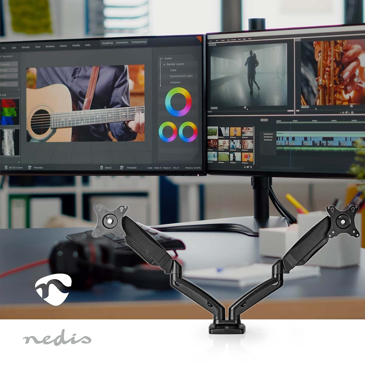 Desk Monitor Mount | Gas Spring | 2 Screens | 15 - 32 " | 75x75 / 100x100 | Full Motion
