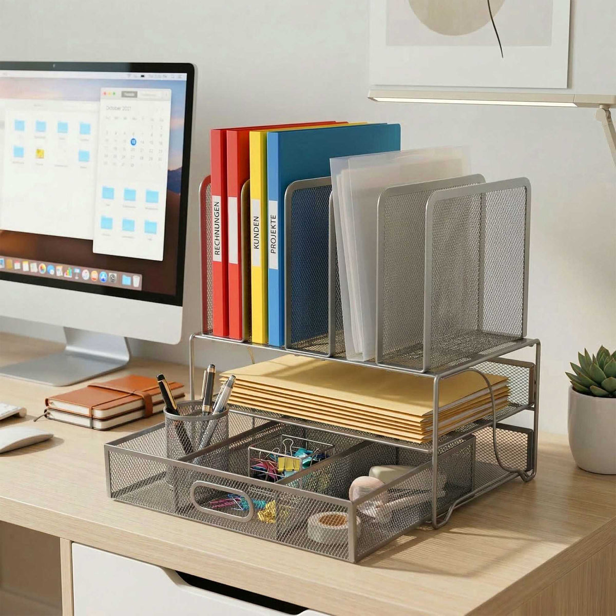 Desk Organizer, 6 Compartments, Drawer, Steel Mesh
