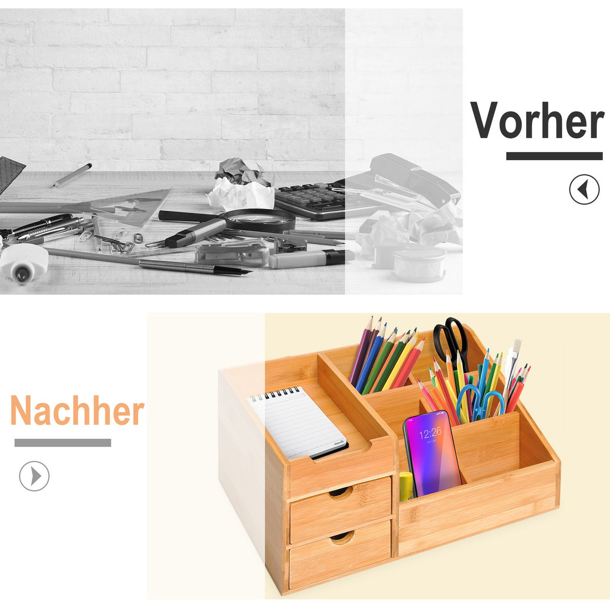 Desk Organizer Office Storage Box With 2 Drawers, Organization & Order, Natural, L33 X W20.5 X H15.5 Cm